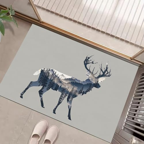 MLSOWM Forest Deer Silhouette Door Mat Washable Grey Welcome Mats 60 x 90 cm Low Pile Non Slip Doormats Double Exposure Art Small Carpet for Entrance Bedroom Dining Room Bedside