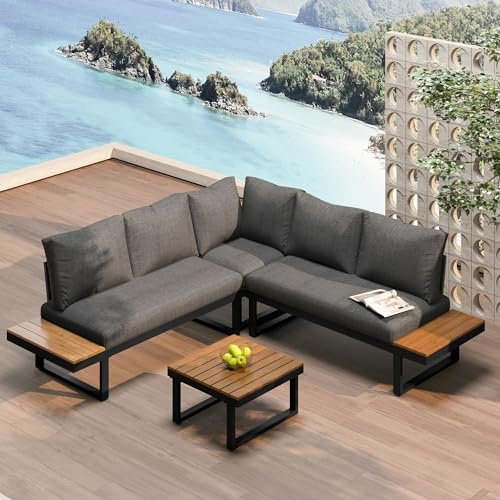 Merax Rattan Loungesofa, Garten-Freizeitset, Eckposition mit Verstellbarer Winkel-Liegefunktion, Outdoor Lounge Möbel für Garten Terrasse, mit Couchtisch, Grau+Schwarz