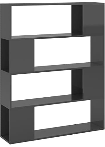 Drainlyn Bücherregal Raumteiler Hochglanz-Grau aus Holzwerkstoff 100x24x124 cm mit 4 Fächern stabiles Standregal für Wohnzimmer modernes Design