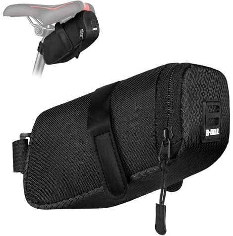 DiULi Sacoche Selle Vélo, Sacoche Velos Roue Arrière Imperméable Léger, Fixation Stable à 3 Voies, Petit Sac Range Outil avec Porte-Clés Intégré pour VTT Route Velo, Colonnaire-Noir