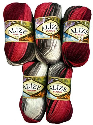 5 x 100 Gramm Alize Burcum Batik Wolle bordeaux rot schwarz grau weiss mit Farbverlauf, Nr. 1984, 500 Gramm Strickwolle