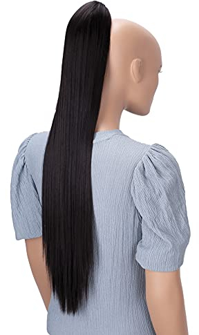 CAISHA 70cm Extralang Clip On Haarteil Zopf Pferdeschwanz Hitzebeständig Synthetik Glatt Dunkelbraun H170