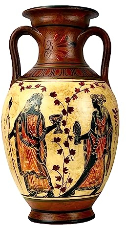 Antike, griechische Vase, Amphore, Göttin Athene, Aphrodite und Gott Dionysos, handgefertigt, Keramik, rund, Rot und Orange, 26 cm