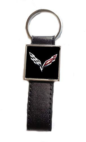 Porte-clés Acier/Simili Cuir Logo Corvette (Fond Noir)