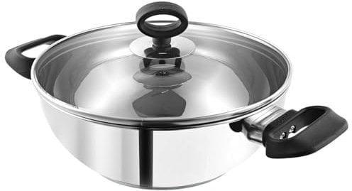 Vinod Stainless Steel Deluxe Kadai with Glass Lid – 26cm, 3.8L | SAS Heavy Bottom | Induction Compatible Wok | Soft Grip Handles | Ideal for Stir-Frying, Curries, & Deep-Frying – Silver