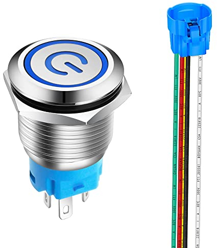 Gebildet 1 piece 0.75''/19mm Stainless Steel Latching Push button Switch 12V-24V 5A Power Symbol LED 1NO1NC SPDT ON Off Waterproof Toggle Switch with Wire Socket (Blue LED)