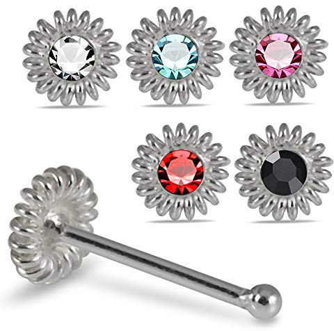 Monster Piercing Nasenstecker aus 925er-Sterlingsilber, spiralförmige Blume, Kristallstein, 0,6 mm, 5 Stück