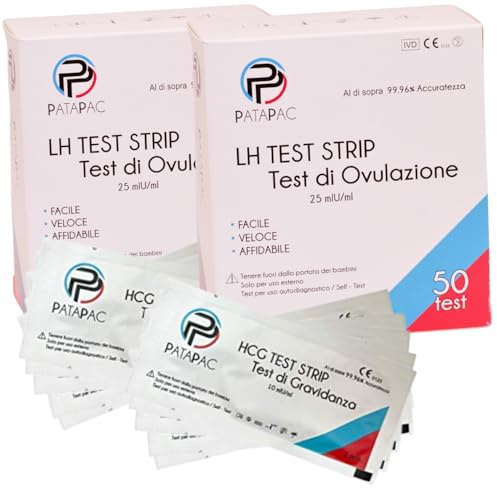 100 Test di Ovulazione e 10 Test Gravidanza precoci Canadesi kit con calendario per fertilità e 100 bicchierini monouso x urine stick beta hcg e lh PataPac