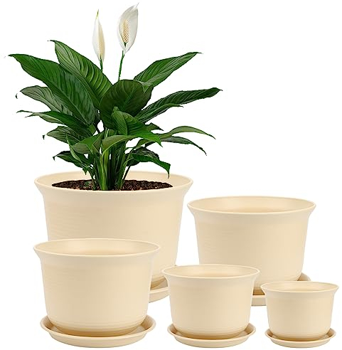 Plant Pots with Drainage Holes and Trays Plastic Flower Pots Ideal for Indoor and Outdoor Planting, Perfect for Growing a Variety of Flowers Plants and Starting Seeds(White)