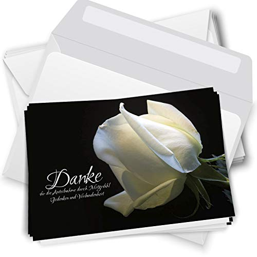 Trauer Danksagungskarten mit Umschlag | Motiv: Weiße Rose, 10 Stück | Dankeskarten DIN A6 Set | Klappkarten-Trauerkarten Danksagung Danke sagen