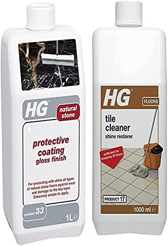 HG Natural Stone Protector, Product 33, Shine, Seal & Protection for Floors, Anti Slip Formula 1 L(201100106) & Tile Cleaner Shine Restorer 17, Highly Concentrated Mopping Formula 1 l(115100106)