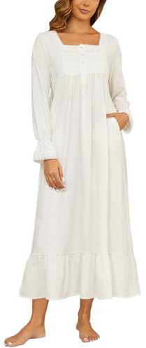 Rubehoow Women's White Cotton Nightgown Squae Neck Long Sleeve Sleep Gown Full Length Nightwear White, Medium
