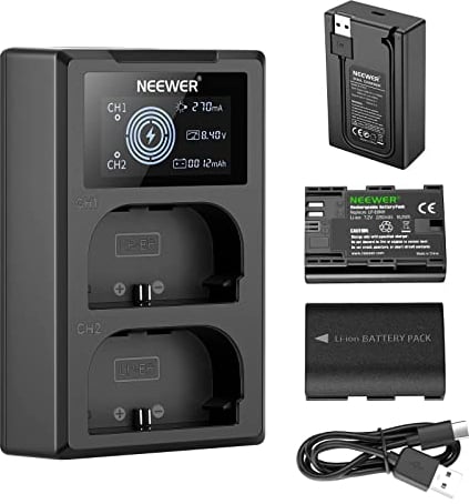 NEEWER LP-E6NH Ersatz Akku Ladegerät Set, kompatibel mit Canon EOS R7 R5 R6 R, 5D III IV, 6D II, 7D II, 70D, 80D, 90D, 2er Pack2250mAh Akkus, Dual USB Ladegerät mit LCD Bildschirm, USB C Kabel
