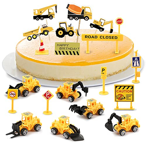 22 Stücke Tortendeko Bagger, kuchendeko Bagger, Traktor Geburtstag Deko, Geburtstag Bagger, Torten Deko für Jungs, Verkehrszeichen Cake Decorating Set