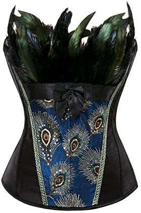 MILAX Damen Vintage Gothic Corsage Burlesque Vollbrust Korsett Feder Stickerei Kostüme Pfau Pattern Bustier Damen Dessous Karneval Kostüme mit Rock Petticoat