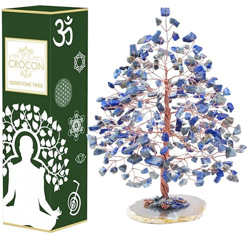 Arbre de Vie en Pierre précieuse Lapis-Lazuli - Base de Tranche d'agate géode, Arbre Chakra, décoration Feng Shui - Bonsaï en Fil de cuivre, Pierres de guérison, Arbre à Pierres précieuses