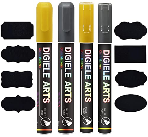 Kreidestift Gold + Silber, DIGIELE 2 Kreidestifte 3mm + 2 Kreidemarker 6mm + 16 Tafel Labels, Trocken und Feucht Abwischbare Flüssigkreide, Reversibel Stiftspitze für Whiteboard, Tafel, Fenster & Glas