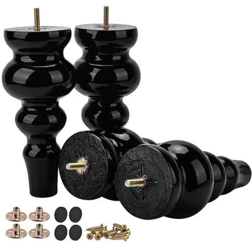 Btowin 9 inch / 22cm Solid Wood Furniture Legs, 4Pcs Large Turned Black Wooden Bun Feet with Threaded M8 Hanger Bolts & Mounting Plate & Screws for Sofa Couch Ottoman TV Stand Bed