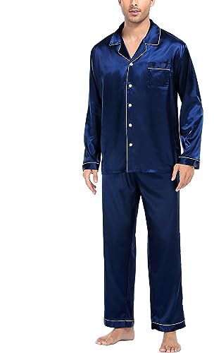 SWOMOG Mens Silk Satin Pyjama Set Button-Down Pyjamas Long Sleeve Sleepwear 2 Piece Pjs for Men Navy Blue