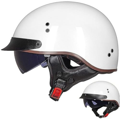Casque Bol Jet Brain Homologué ECE - Demi-Coque Moto Vintage à Visière Intégrée pour Cruiser Chopper Scooter Cyclomoteur, L-XL=(61~62cm)