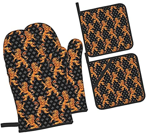 Set di 4 guanti da forno e presine, pad caldi resistenti con guanti antiscivolo in poliestere per barbecue, leoni dorati medievali per cucina, cottura, cottura alla griglia