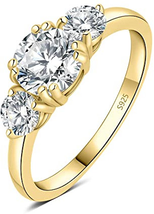 JewelryPalace Drei Stein Rund 1.4ct Moissanite Ring Damen, Verlobungsringe Silber 925 für Frauen, Hochzeitsring Damenring Simulierter Diamant Promise Ring, Mädchen Schmuck mit Stein Vergoldet 51
