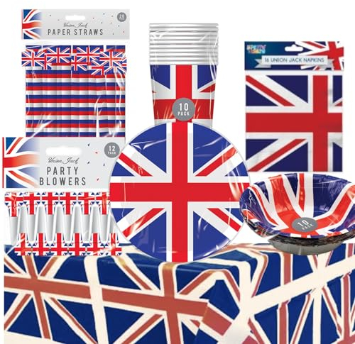 VE Day 80th Anniversary Decorations - Union Jack Tableware 83Pcs Includes Union Jack Table Cloth, Paper Plates, Bowl, Cups, Straws, Napkins, Party Blowers - Eurovision Party Decorations