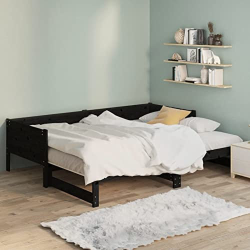 Homgoday Ausziehbares Tagesbett Ausziehbett Schlafsofa Sofa Schlafcouch Bettsofa Sofabett Gästebett Couch Tagesbett Bettcouch Holzbett Schwarz Massivholz Kiefer 2X(90x190) cm
