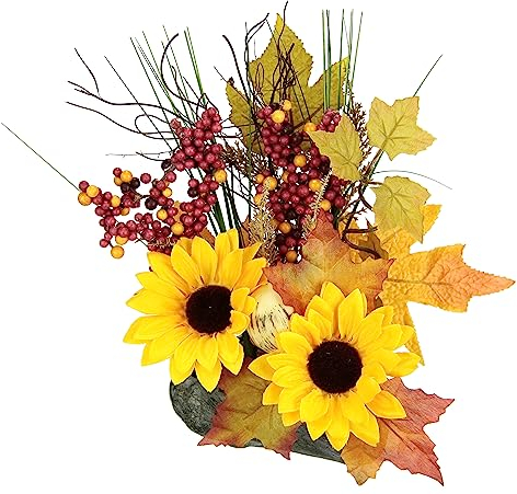 Gesteck aus Sonnenblumen auf Stein Künstliche Blumen Kunstblumen Blumen Herbstgesteck Deko Ornamente für Halloween Thanksgiving Herbstdeko Herbst Kunstpflanze Mittelstück Tischdeko Pflanze