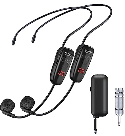 XIAOKOA Microfono Senza Fili,Microfono ad Archetto Wireless,UHF Wireless Doppio Microphone con Display Digitale a LED,per Guida Turistica/Insegnamento/Promozione/Discorso