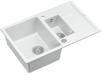 QUADRON Doppelbecken-Spüle Spülbecken Küchenspüle | Größe: 78 x 50 x 22 cm, Weiß & Stahl | MORGAN 116 Granit Granitspüle | mit Abtropffläche | Doppelbecken Spüle Küche | Schrankunterbau von: 60 cm
