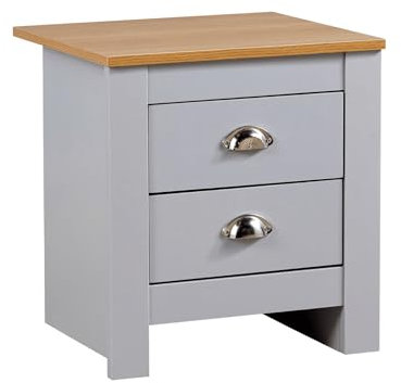 Home Source Bedroom 2 Drawer Bedside Nightstand, Oak Effect Top, Metal Handles, Grey