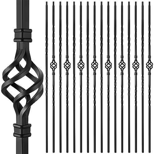 Blulu 16 husillos de escalera de 1/2 x 44 pulgadas, balaustres de hierro negro para escalera, balaustres de hierro forjado para interiores, incluye 8 ejes huecos de hierro doble y 8 husillos huecos de
