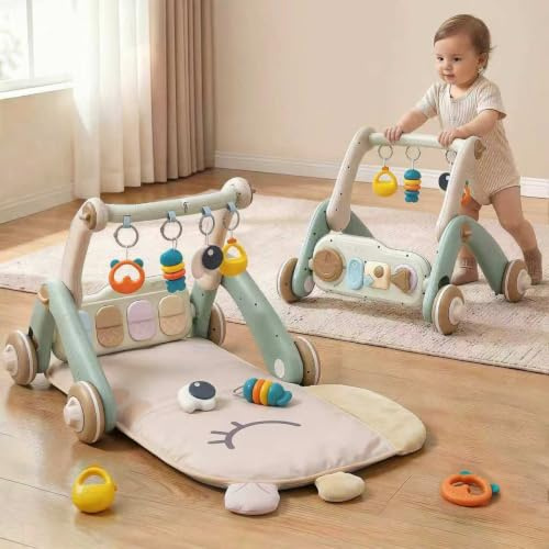 JOVOW 2-in-1 Babygym mit Lernwagen, Babyspielmatte mit 4 Sensorischen Lern-elementen, Doppelseitige Multifunktionale Abnehmbare Spielpiano, Aufsteigender Lernwagen für Kleinkinder von 0-36 Monaten