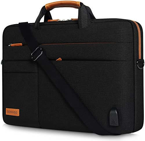DOMISO 17 Pouces Grande Sacoche pour Ordinateur Portable Housse Sac avec Port de Chargeur USB Externe Sacoche Bandoulière pour 17-17.3 Notebook/Dell/Lenovo/HP/ASUS, Noir&Marron 1