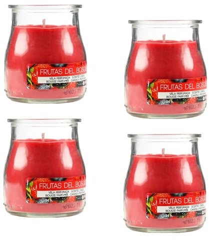 Pack de 4 Velas Aromáticas en Vaso de Yogurt de Cristal Reciclable - 44h de Duración,Cera Vegetal Perfumada, Fabricadas España, 7x6cm (Frutas del Bosque)