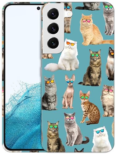 GlamCase for Samsung Galaxy S22 Plus, Galaxy S22 Plus Case - Cat Pattern With Sunglasses Teal Printed Slim Fit Cute Plastic Hard Protective Designer Back Case/Cover for Samsung S22 Plus