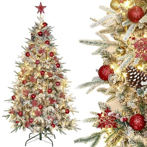 DEWUR 180cm Weihnachtsbaum künstlich mit Beleuchtung mit Schnee und STK. Weihnachtskugeln Weihnachtsdeko Set, Metallständer