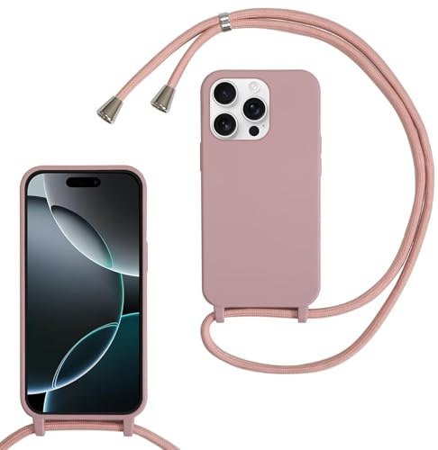 SLWYF Compatible with iPhone 16 Pro Max Crossbody Lanyard Case, Liquid Silicone Protective Phone Case with Strap Adjustable Neck Cord Necklace Soft Cover for iPhone 16 Pro Max, Sand pink