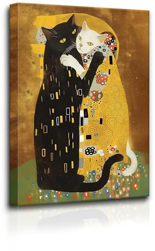 Lustiges Poster mit schwarzer Katze, Wandkunst, Tierbild, Gustav Klimt, Kuss, Kunst für Katzenliebhaber, Geschenk, Wohnzimmer, Schlafzimmer, 30,5 x 40,6 cm, ungerahmt