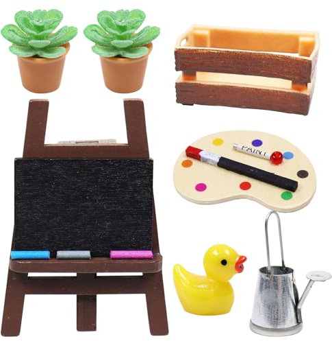 Giugio Wichtel Zubehör, 7 Stück Miniatur Wichtel Zubehör Mal Kunst Set für Weihnachten Wichteltür Deko und 1/12 Puppenhaus, Miniatur Gartengeräte, DIY Wichtelzubehör Staffelei Topfpflanze Gießkanne