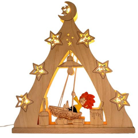 weigla - LED Lichterspitze original Erzgebirge I Motiv Pumuckl in Schiffschaukel I Lichterbogen Weihnachten I 7 Lampenkerzen + 1 Ersatzlampe I 7 x 34 V, 0,2 W, E10 I Weihnachtsdeko innen I aus Holz