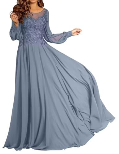 Sincemeet Spitzenapplikation Mutter der Braut Kleid Lange Ärmel Chiffon Rundkragen Hochzeit Abendkleid für Damen