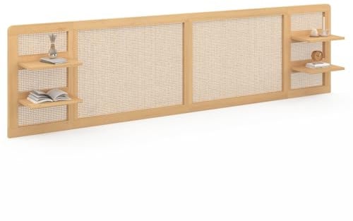 IDMarket - Hängekopfteil EDHEN 240 cm Rohrgeflecht und Holz mit Regalen