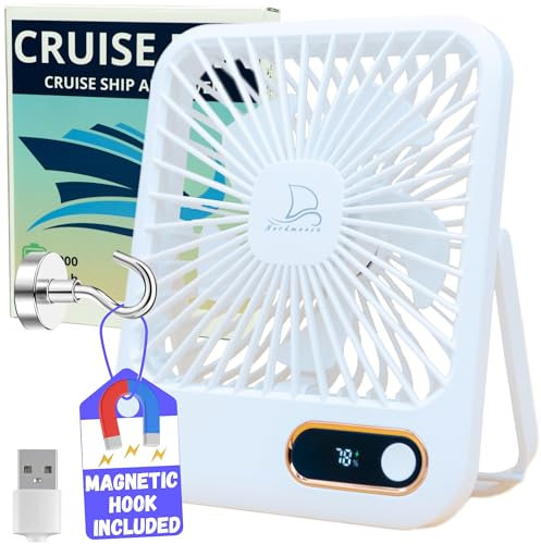 Cruise Fan Cabin Approved Carnival & Royal Carribbean Essentials With Magnetic Hook - Rechargeable Long Battery Life, USB-A & USB-C - Small Desk Fan - Folding & Portable, Plug-In And Battery Powered