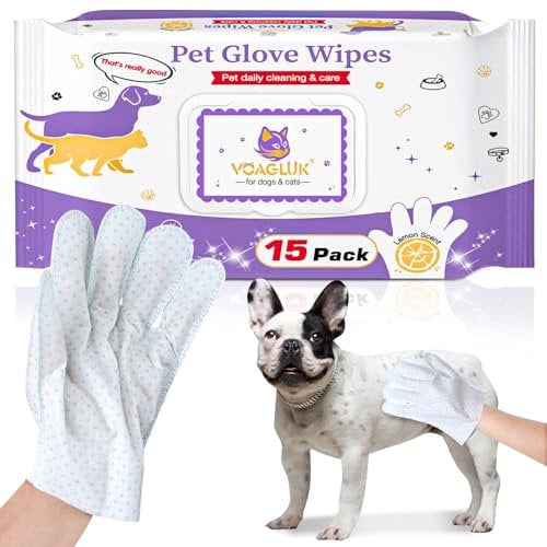Dog Cleaning Gloves Wipes 15pcs Disposable Pet Grooming Bathing Gloves Extra Thick, No Rinse Shampoo Dry Cleaning Gloves for Dogs & Cats Paw Face Ear Fur and Butt