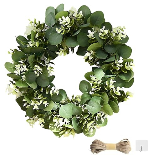 WATUNID 18 Inch Artificial Eucalyptus Wreath With 1PC Rope and Hook | Green Leaf Wreaths, with 5m Rope+Hook, Silk+PE Materials, Never Fades,Farmhouse Style for,Wall, Indoor,Outdoor, Weddings