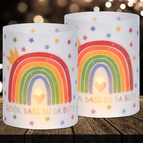 16 Windlichter Tischdeko Mädchen Geburtstag Tischdeko Regenbogen Deko Geburtstag Deko Schön DASS Du Da Bist, Teelicht und Kerzen Deko für Kindergeburtstag, Party