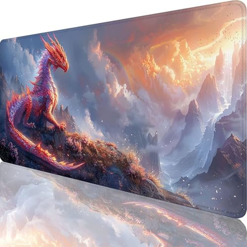 Large Mouse Mat 800 x 400 x 3 mm, Extended Gaming Mouse Pad Red Mousepad Dragon Desk Mat, Waterproof Mousemat, Keyboard Desk Pad with Stitched Edges and Non-Slip Rubber Base for Office Decor 39-8i