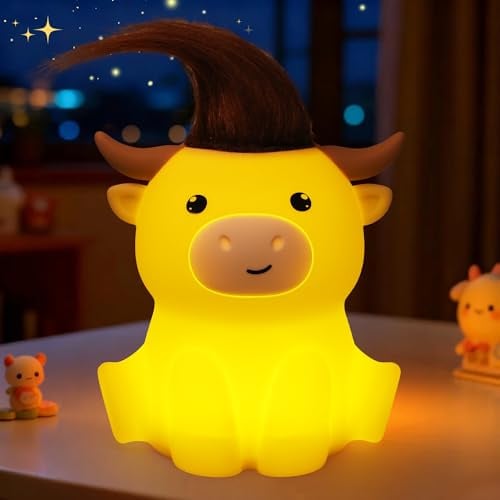 OkiyiD Highland Cow LED Nachtlicht für Kinder, Kuh Geschenke für Jungen und Mädchen Schlafzimmer Dekoration, wiederaufladbare dimmbare Touch-Nachtlicht, süße Tier-Silikon-Lampe